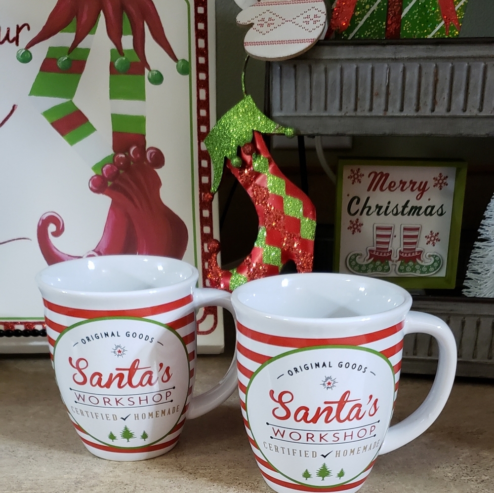 2 Santa's Workshop Christmas Mugs/Cups